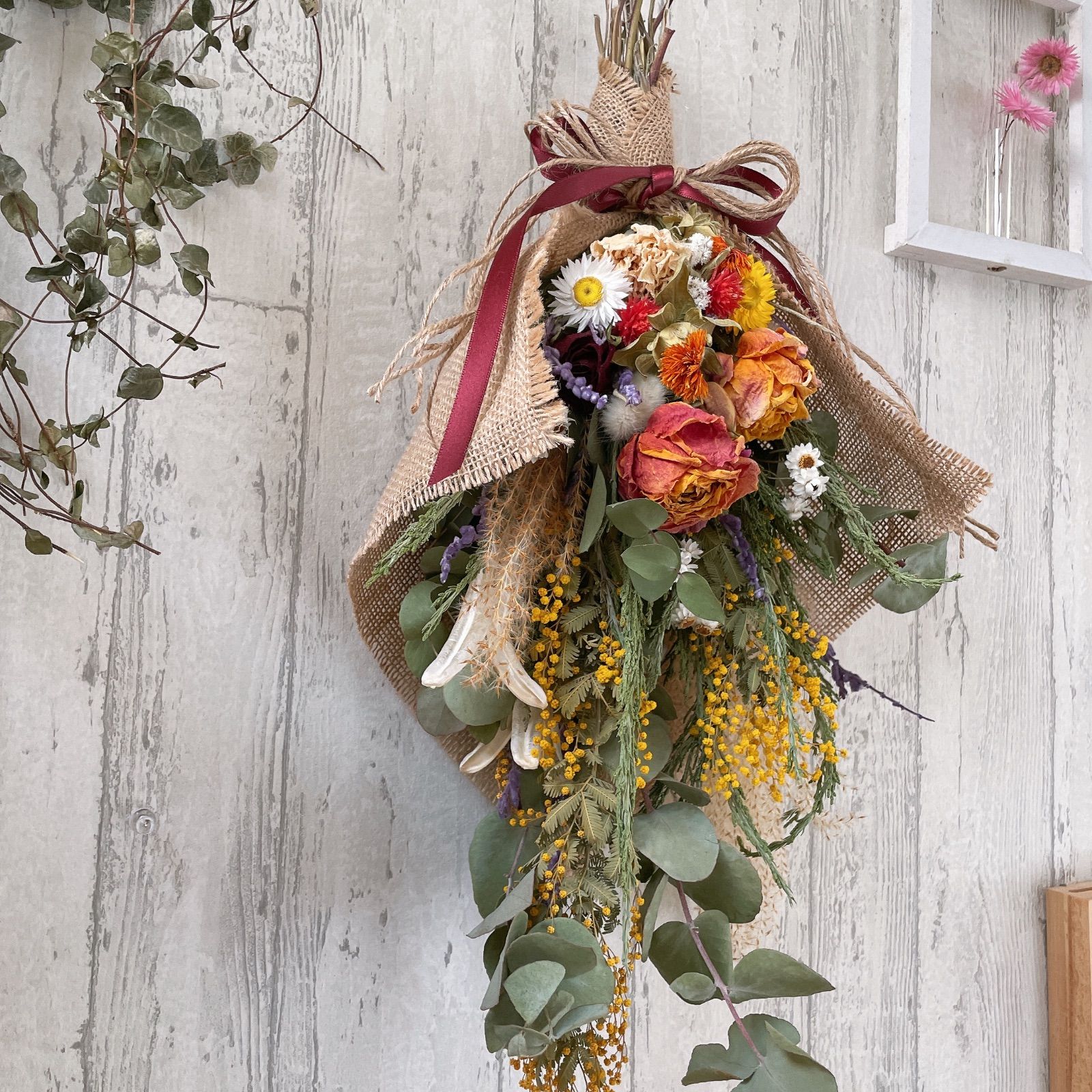 ドライフラワースワッグ 向日葵 紫陽花 ドライフラワーブーケ 花材増量 ...