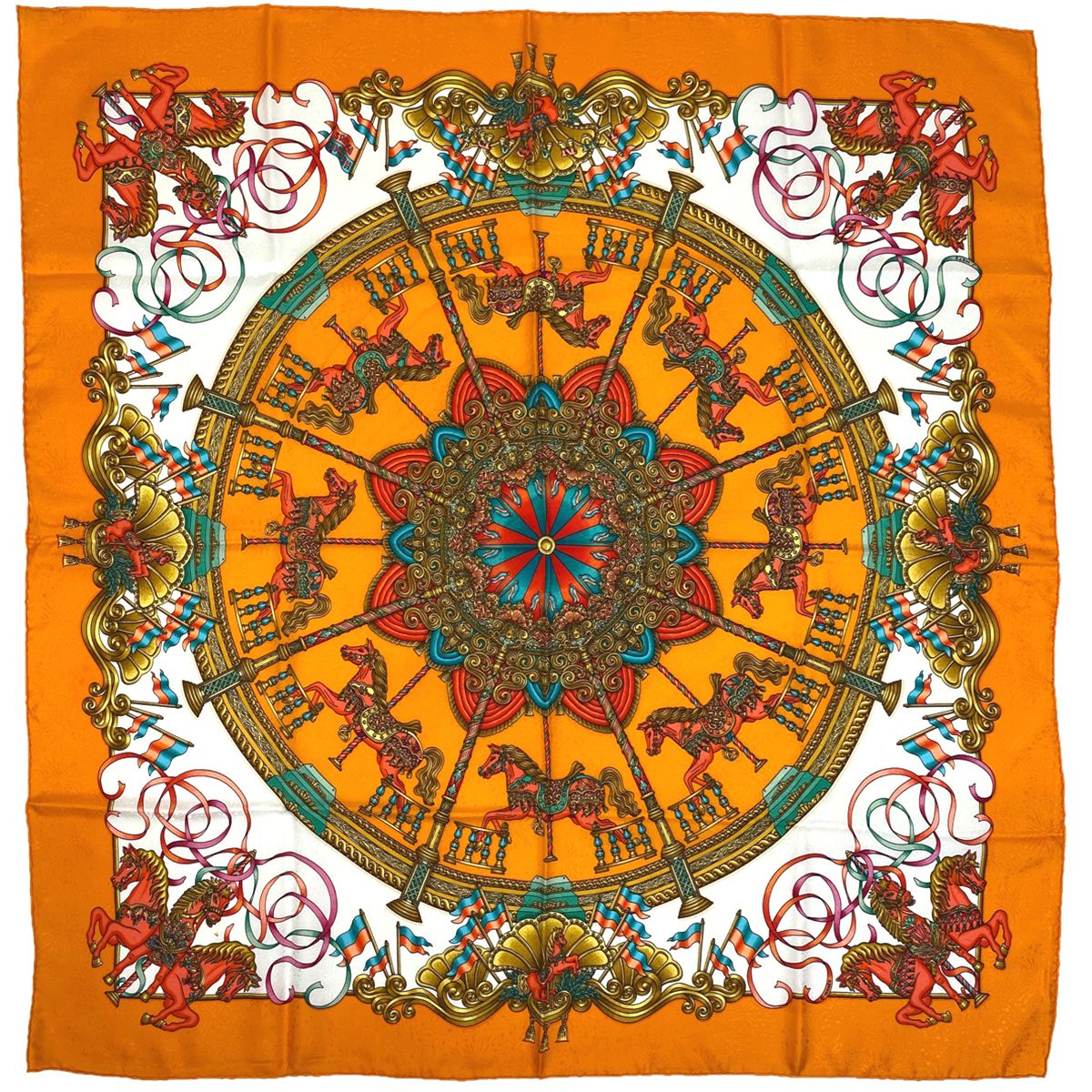 エルメス カレ90 シルク スカーフ オレンジ シルバー グレー 高官の鞍 SAランク HERMES エルメス スカーフ カレ90 『Decoupages（デコパージュ