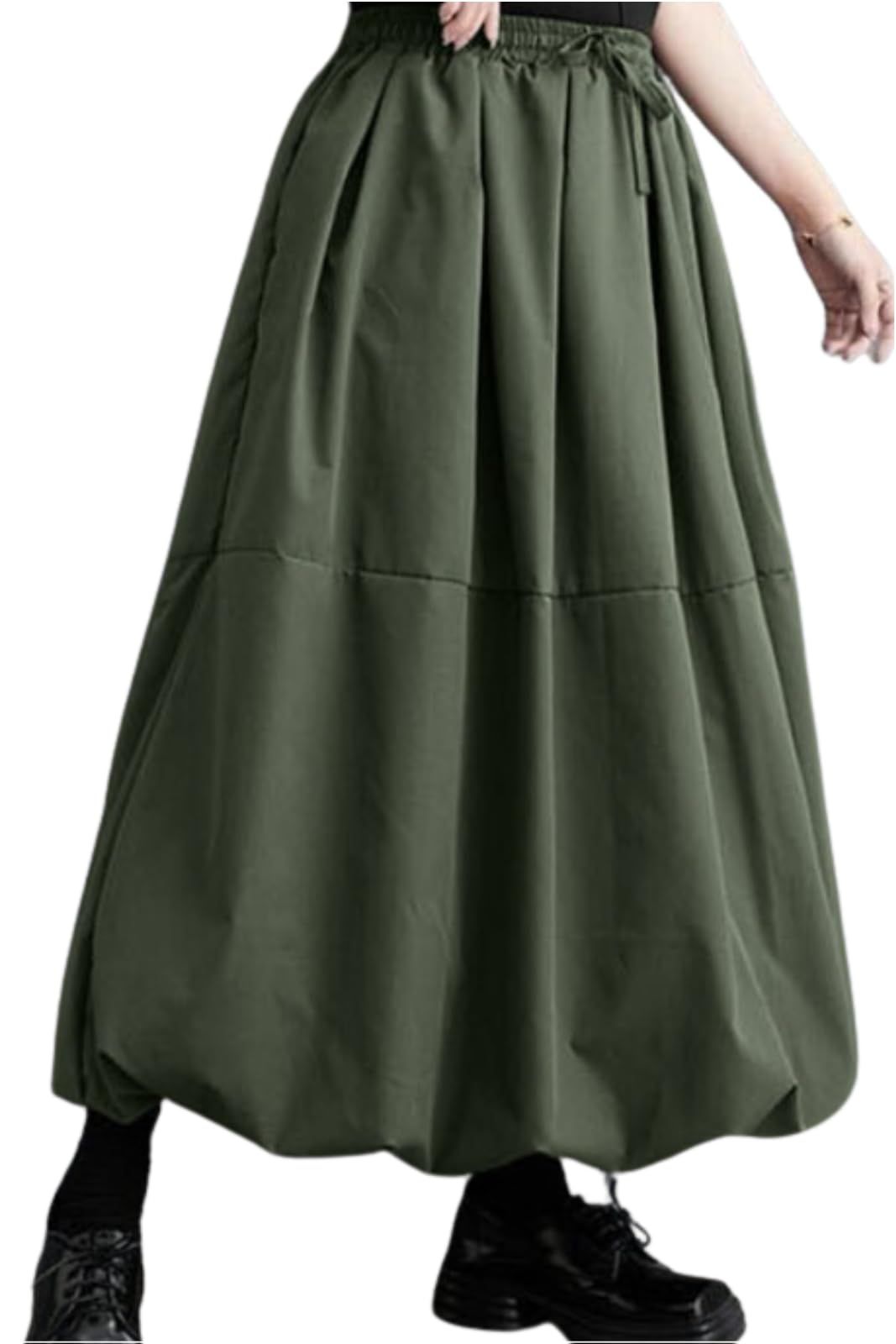 [ネコート] ロングスカート レディース 春 秋 冬 プリーツ ウエストゴム 体型カバー ゆったり バルーンスカート グリーン XL [グリーン] [XL]