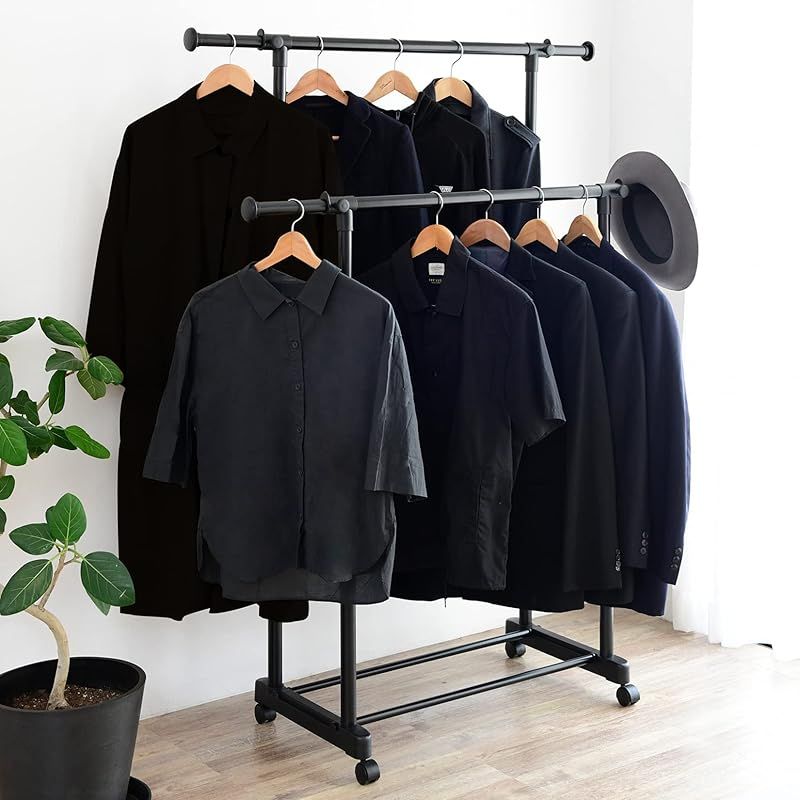 [山善] ハンガーラック (パイプハンガー) キャスター付き 縦/横伸縮 ダブル 幅86-140×奥行43×高さ89-152cm 組立品 ブラック MKS-WS(ABK) 1