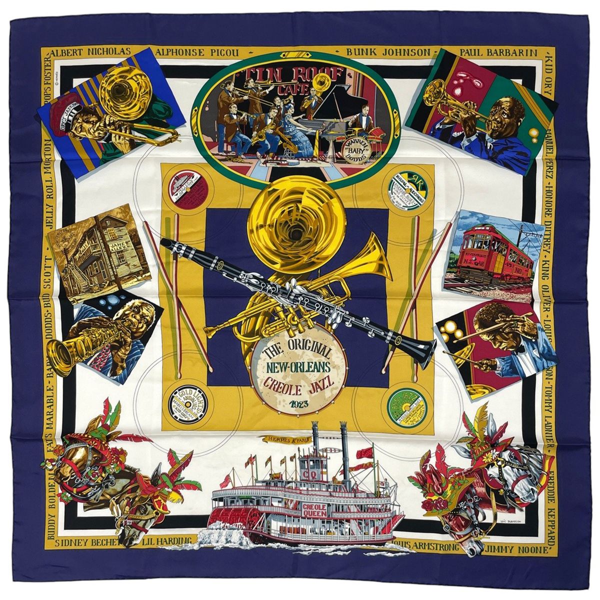 エルメス HERMES カレ 90 THE ORIGINAL NEW ORLEANS CREOLE JAZZ 1923 ジャズ 楽器 スカーフ スカーフ シルク ネイビー マルチカラー レディース
