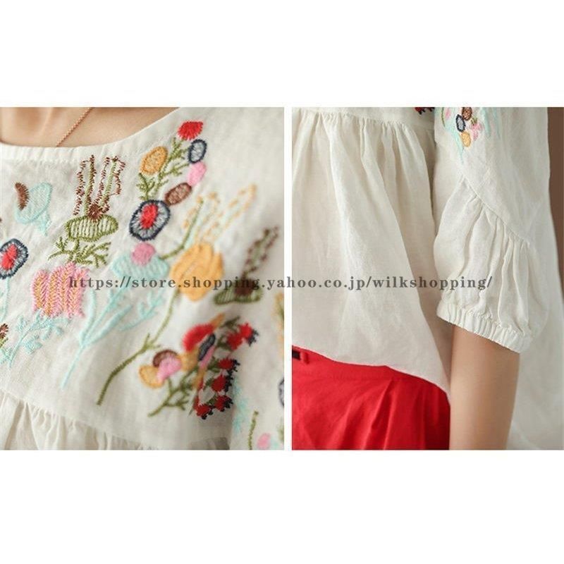 ブラウス シャツ レディース ス 半袖 夏 五分袖 花柄 リネン 刺繍 Uネック チャイナ服 ゆったり 大きいサイズ フリル 体型カバー 夏服 夏 ブラウス シャツ レディース トップス 半袖 夏 五分袖 花柄