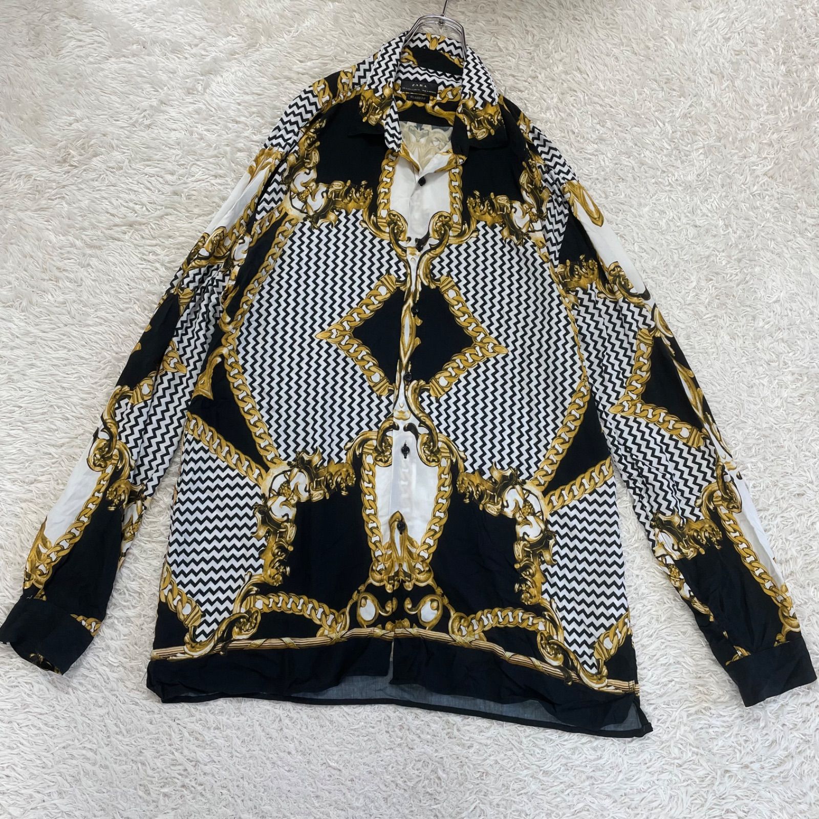 美品 ZARA ザラ 総柄 ポロシャツ バロック調 スカーフ柄 ビッグサイズXL 美品】ZARA ザラ 総柄 長袖シャツ バロック調 スカーフ柄 XL