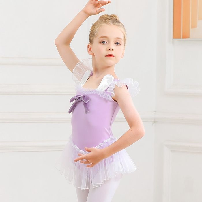 バレエ レオタード 子供 スカート付き リボン チュール チュールスカート フレアスカート 子ども ジュニア キッズ こども おしゃれ レッスン 練習着 シンプル 可愛い かわいい ピンク パープル 紫