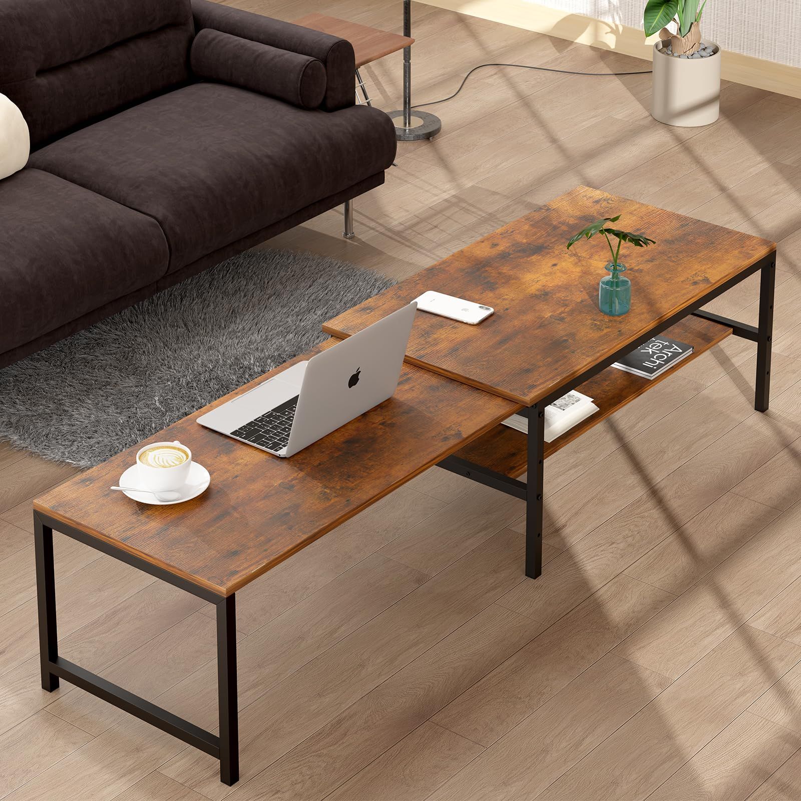 大 幅80.5㎝ ヴィンテージ 耐熱性機能 耐水性 耐摩擦性 錆び防止 強度安定 床傷防止用のフェルト付き 収納棚板の高さ可動式 コンパクトデザイン 座卓 机 リビング センターテーブル 無段階で調整できる伸縮ローテーブル 幅伸縮80-140奥行45高