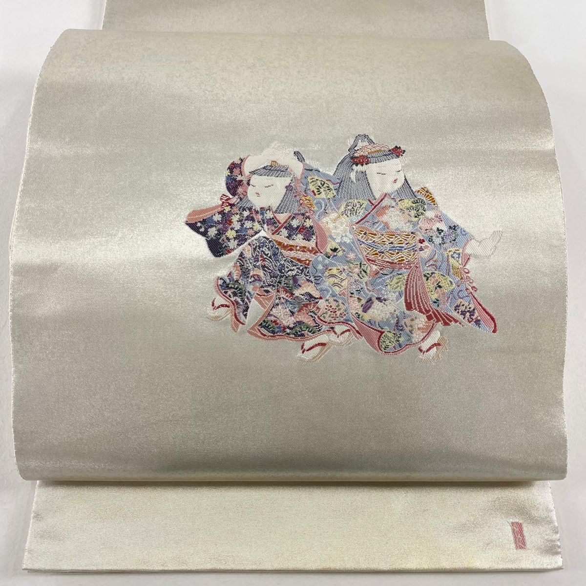 袋帯 名品 長嶋成織物 落款 由水十久監修 瀞銀錦 はなかげ 童 箔 金糸 銀色 お太鼓柄 正絹