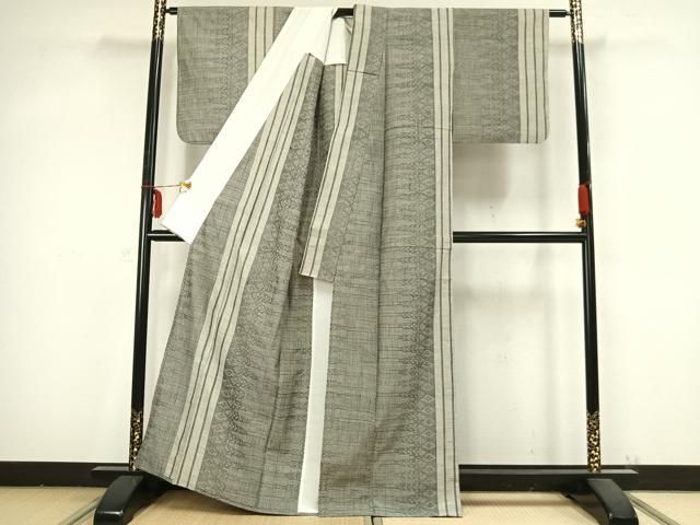 平和屋着物▽上質な紬　単衣　幾何学文　正絹　逸品　AAAV8337fy 平和屋着物▽上質な紬 単衣 幾何学文様 正絹 逸品 未使用 AABB3894jh