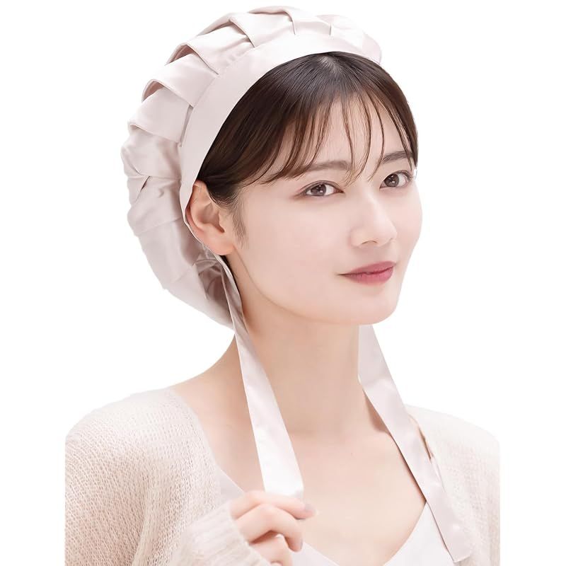 [COCOSILK] ナイトキャップ シルク リボン 紐 シルクキャップ ショートヘア シルクナイトキャップ 就寝用 シルク100% ヘアキャップ （M・アッシュライトピンク） 1