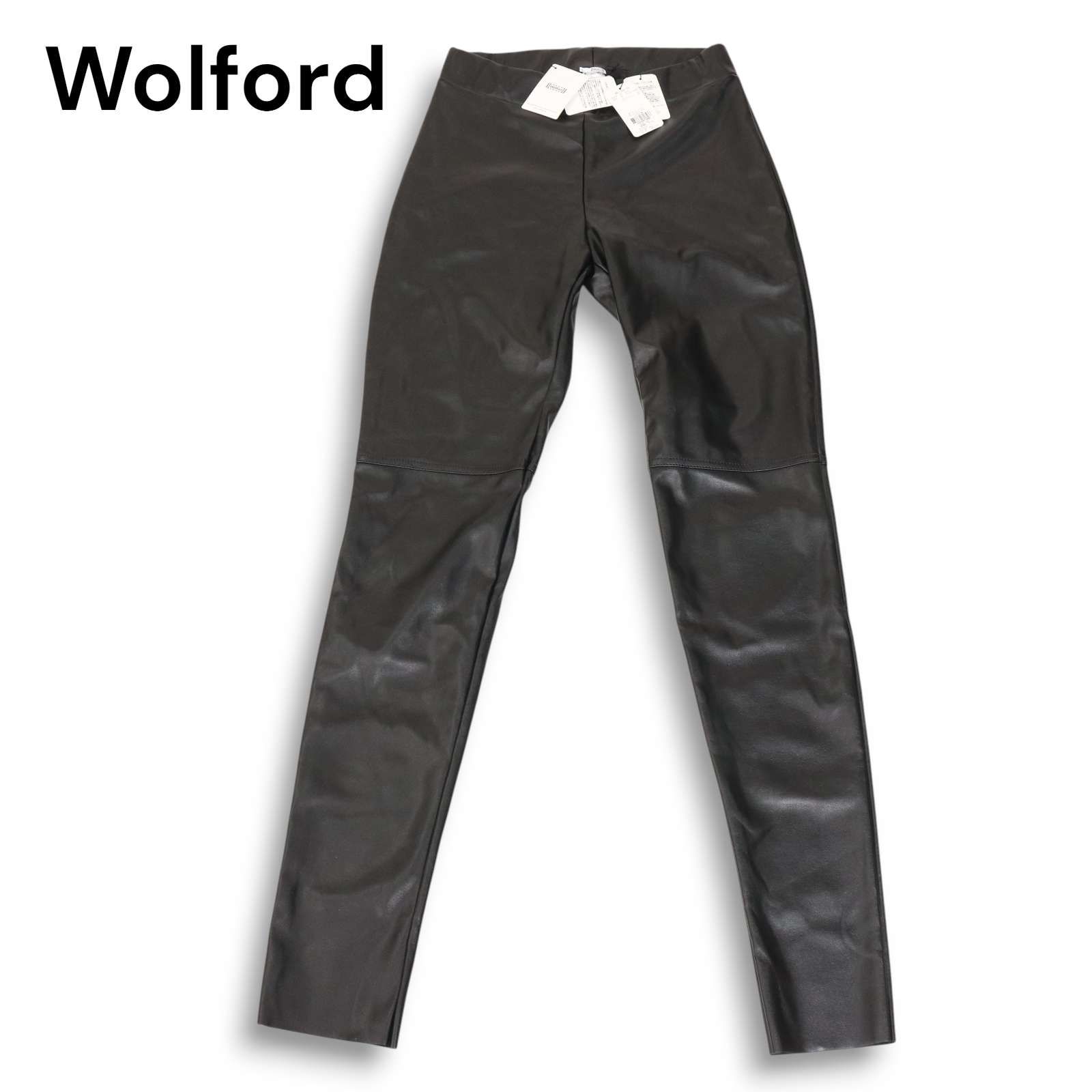 定価4.5万 Wolford ウォルフォード 通年 ストレッチ フェイク レザー レギンス パンツ Sz.38 レディース 黒