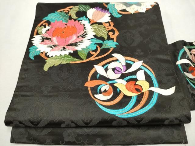 平和屋着物○アンティーク 大正ロマン 九寸名古屋帯 総刺繍 駒刺繍