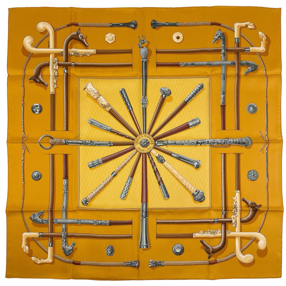 エルメス HERMES カレ 90 CANNES＆POMMEAUX ステッキ柄 スカーフ シルク イエロー マルチカラー レディース