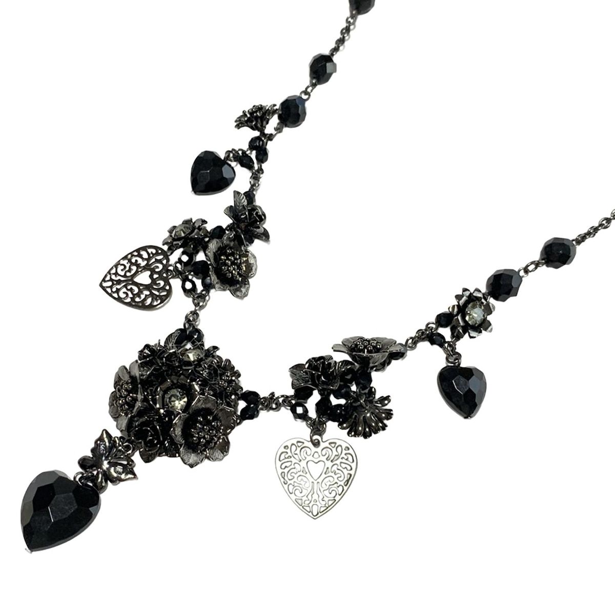 ANNA SUI アナスイ ネックレス - 黒 ハート フラワー 花 ラインストーン