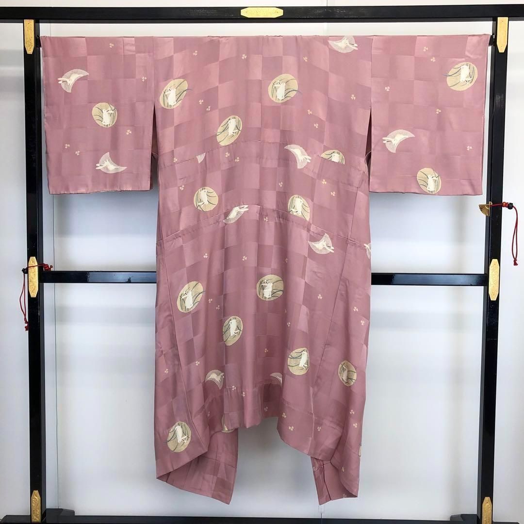 長襦袢 単衣 月にうさぎ柄 白詰草 格子模様 積紅色 J-215