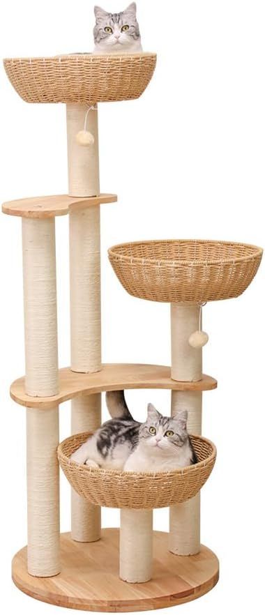 キャットタワー 木製 天然木使用 大型 据え置き 大型猫 おしゃれ ラバーウッド 手編みカゴ インテリア性