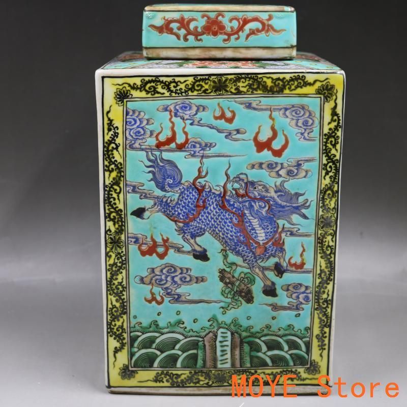 清康熙緑地粉彩麒麟紋方茶壺 茶道具景徳鎮 陶磁器 装飾品 現代工芸品美術品 置物 清康熙緑地粉彩麒麟紋方茶壺 茶道具景徳鎮 陶磁器 装飾品 現代