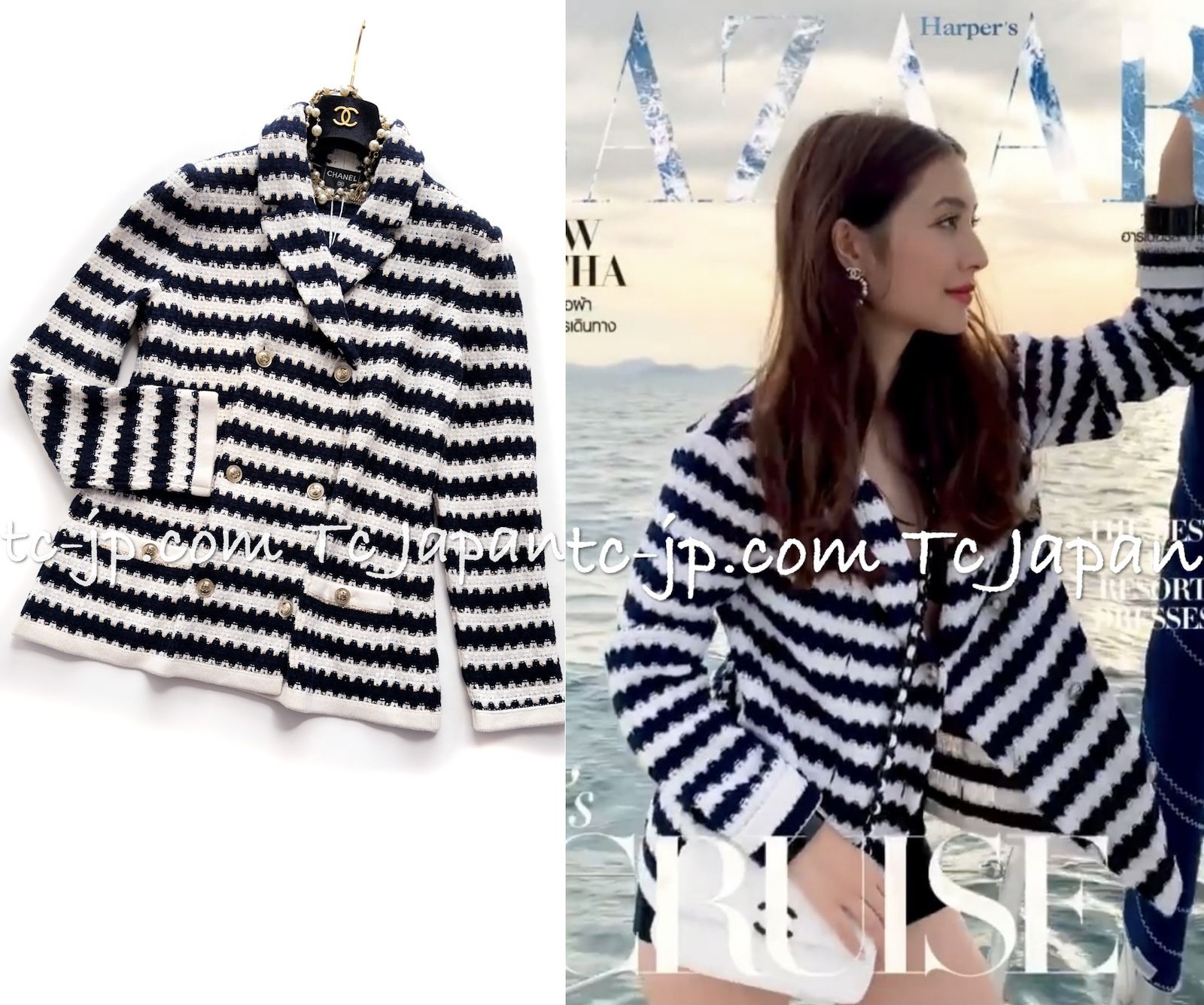 シャネル カーディガン 春夏サマーニット 美人見え ジャケット 軽くて柔らか カシミア CHANEL 21C 2021 アイボリー ネイビー ストライプ 36 38