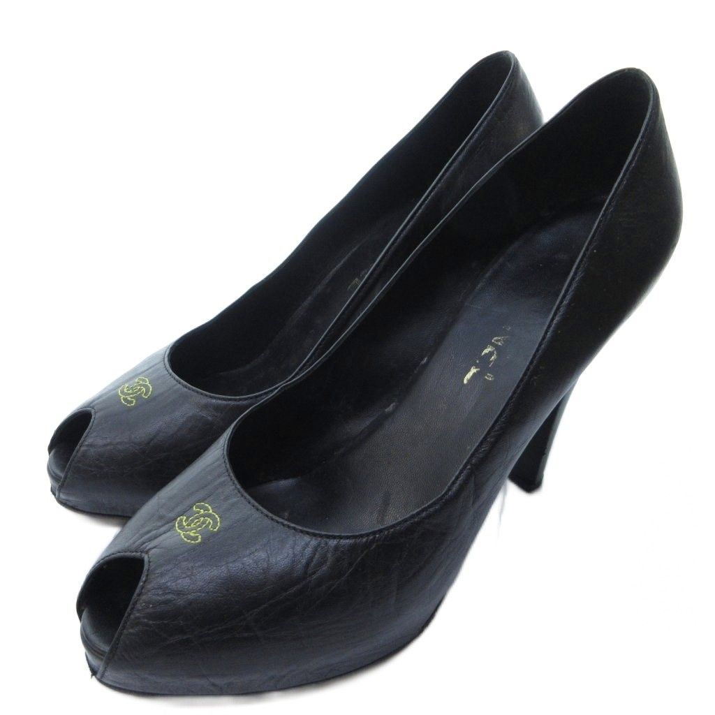 シャネル CHANEL レザー オープントゥ パンプス ハイヒール ココマーク 黒 ブラック 約24cm IBO81