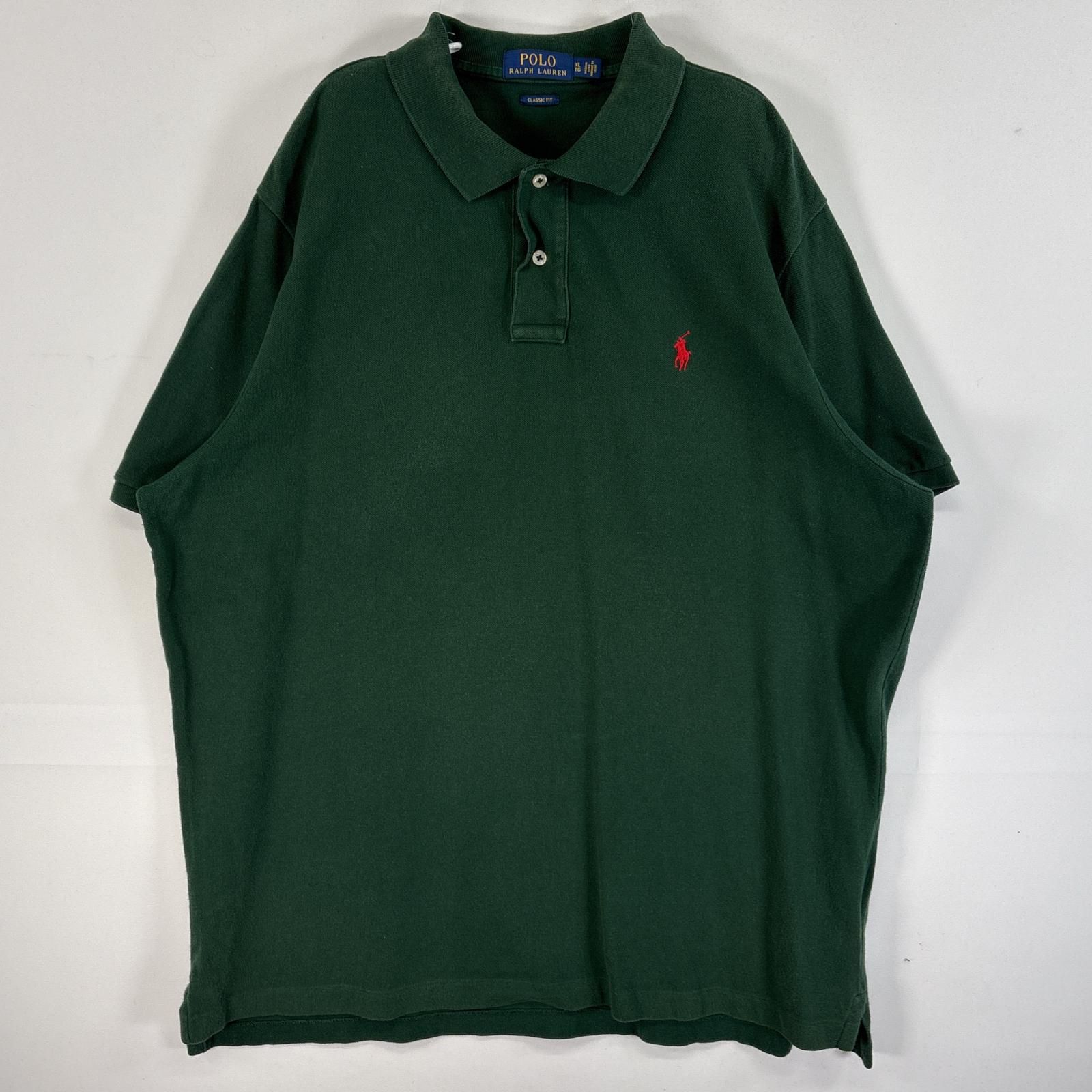古着 ポロ・ラルフローレン POLO RALPH LAUREN 鹿の子 半袖 ポロシャツ ロゴ 刺繍 大きいサイズ 2ボタン XL  グリーン 無地 メンズ