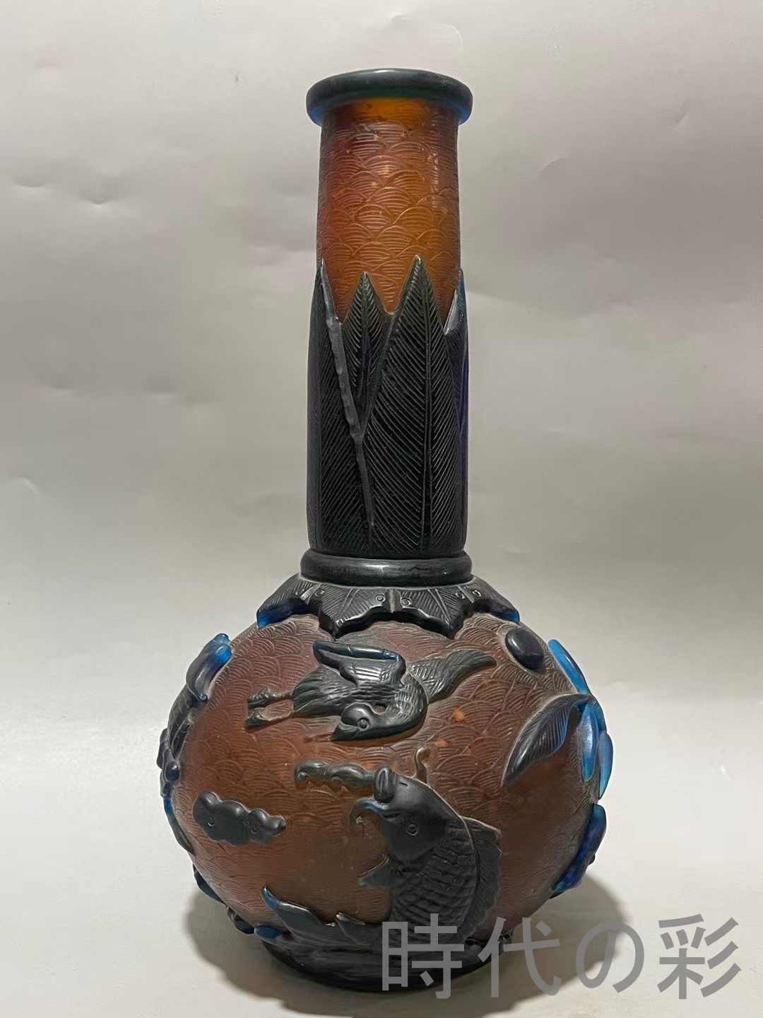 華麗 中国古玩 旧蔵 琉璃 浮彫 金彩 大花瓶 花器 撒金 唐物 古美術 置物 骨董 コレクション インテリア飾り 細密彫刻 R07092905