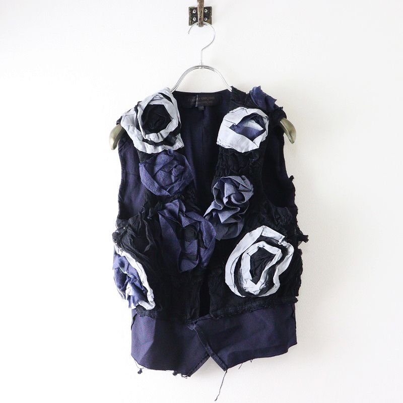 2005SS コムコムコムデギャルソン COMME des GARCONS ポリ縮 フラワーモチーフベスト M｜ネイビー トップス 羽織り 2400014592924