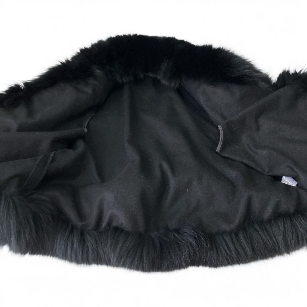カシミア100% フォックスファー 毛皮 ケープ ポンチョ マント 黒 M