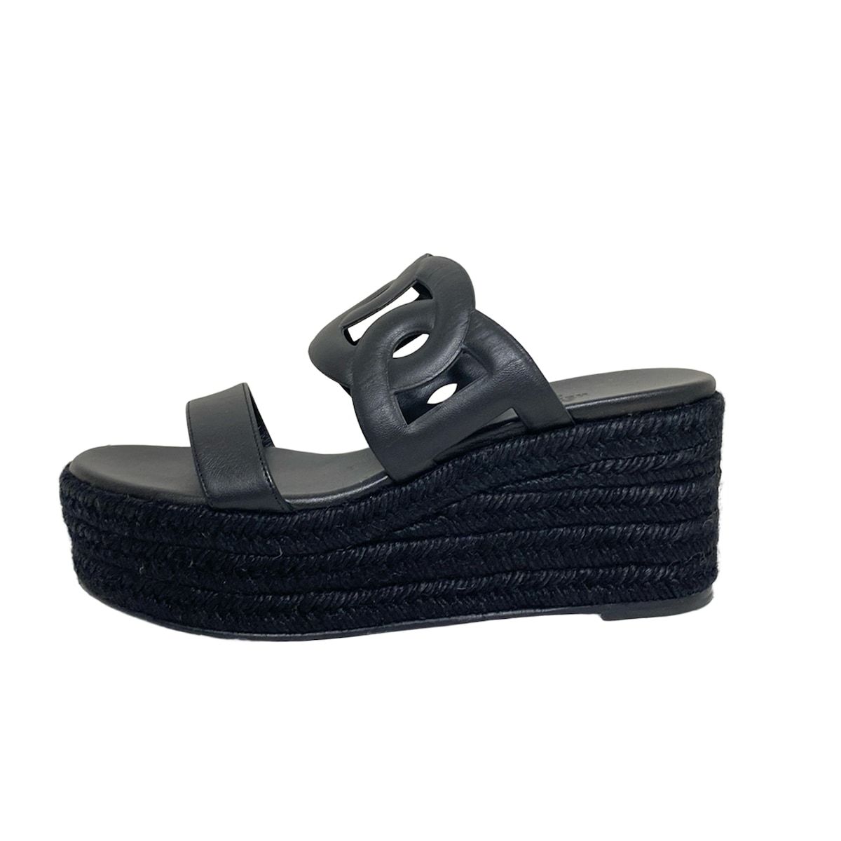 HERMES エルメス ミュール 39 レディース エスパドリーユ 黒 イテア ウェッジソール リネン レザー