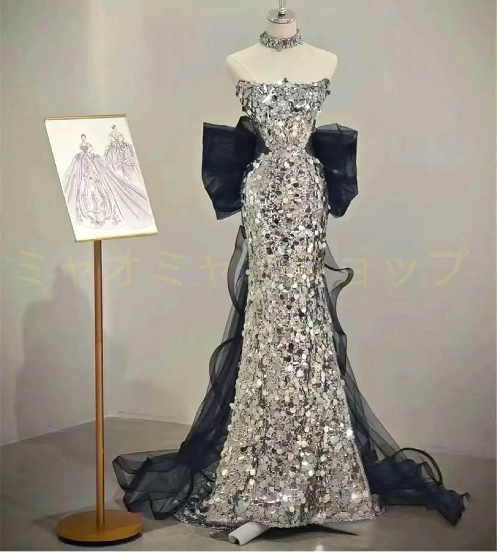 大き目リボンにスパンコールがオシャレでゴージャスなドレス 新品 未使用】大き目リボンにスパンコールがオシャレで