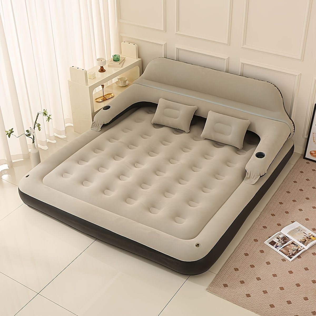 エアベッド エアマットレス デラックスインフレータブルエアマットレスセット ポンプ付き バックレスト ヘッドボード 枕付き 屋内 屋外 キャンプ ハイキング ビーチ リラックス クイーン ライトグレー