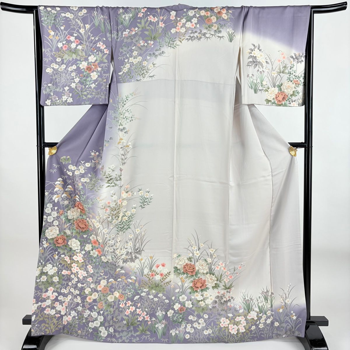 訪問着 身丈166.5cm 裄丈67.5cm L 袷 牡丹 秋草文 金彩 ぼかし 灰紫 正絹 秀品
