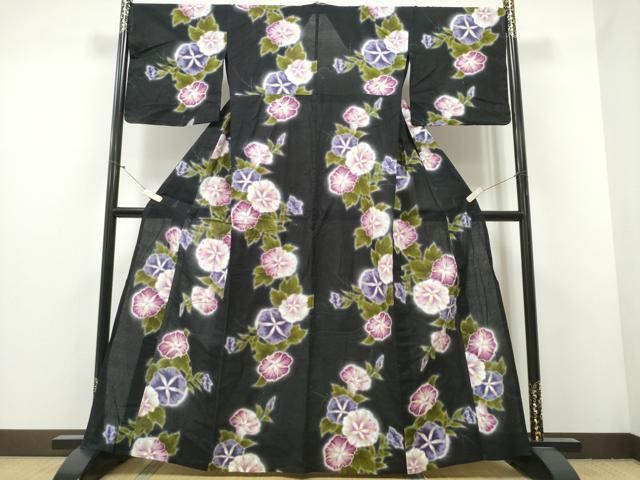 平和屋着物∴夏物 世界的ファッションデザイナー 山本寛斎 kansaiブランド 浴衣 手描き 朝顔 黒地 金彩 CAAY4458ng
