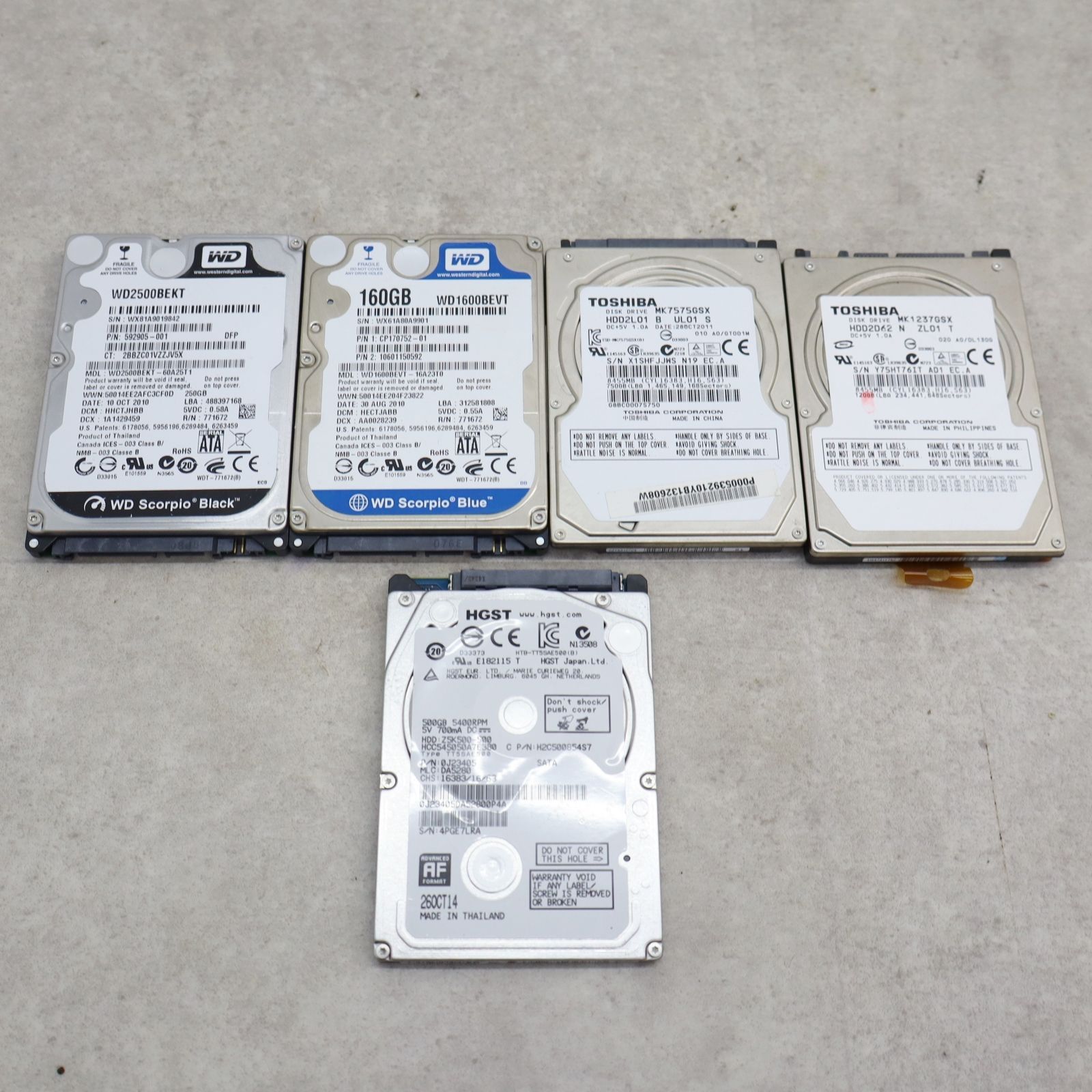 HGST製 500GB HDD 23個セット 動作確認済み Clean All済 HGST 500GB HTS545050B7E660 5400RPM SATA 2.5