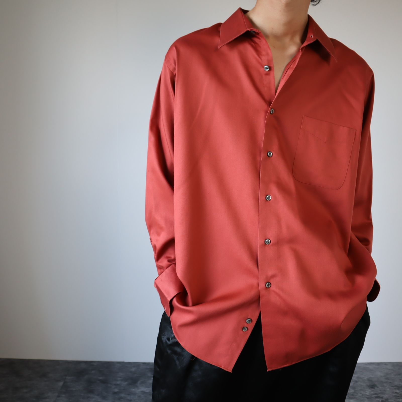 【Vintage】サテン オーバーサイズ とろみ 長袖シャツ 光沢 ピンク XL