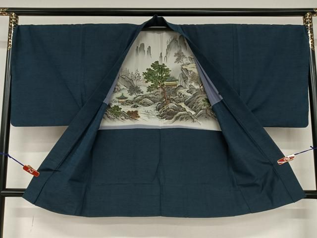 平和屋着物○男性 紬 アンサンブル 羽織2点セット 色無地 濃藍色×煤竹