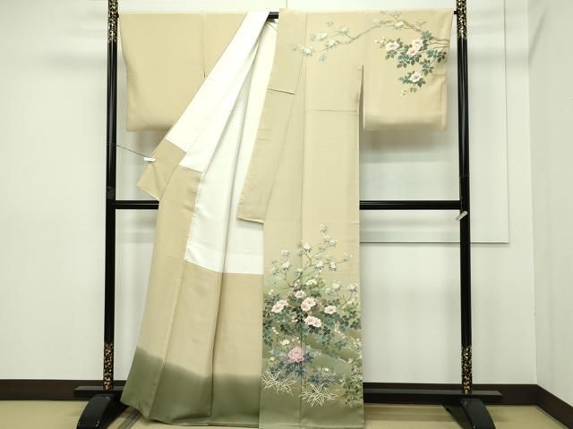 平和屋本店□極上 十日町友禅作家 阿部佳雪 訪問着 草花文 暈し染め 榛  