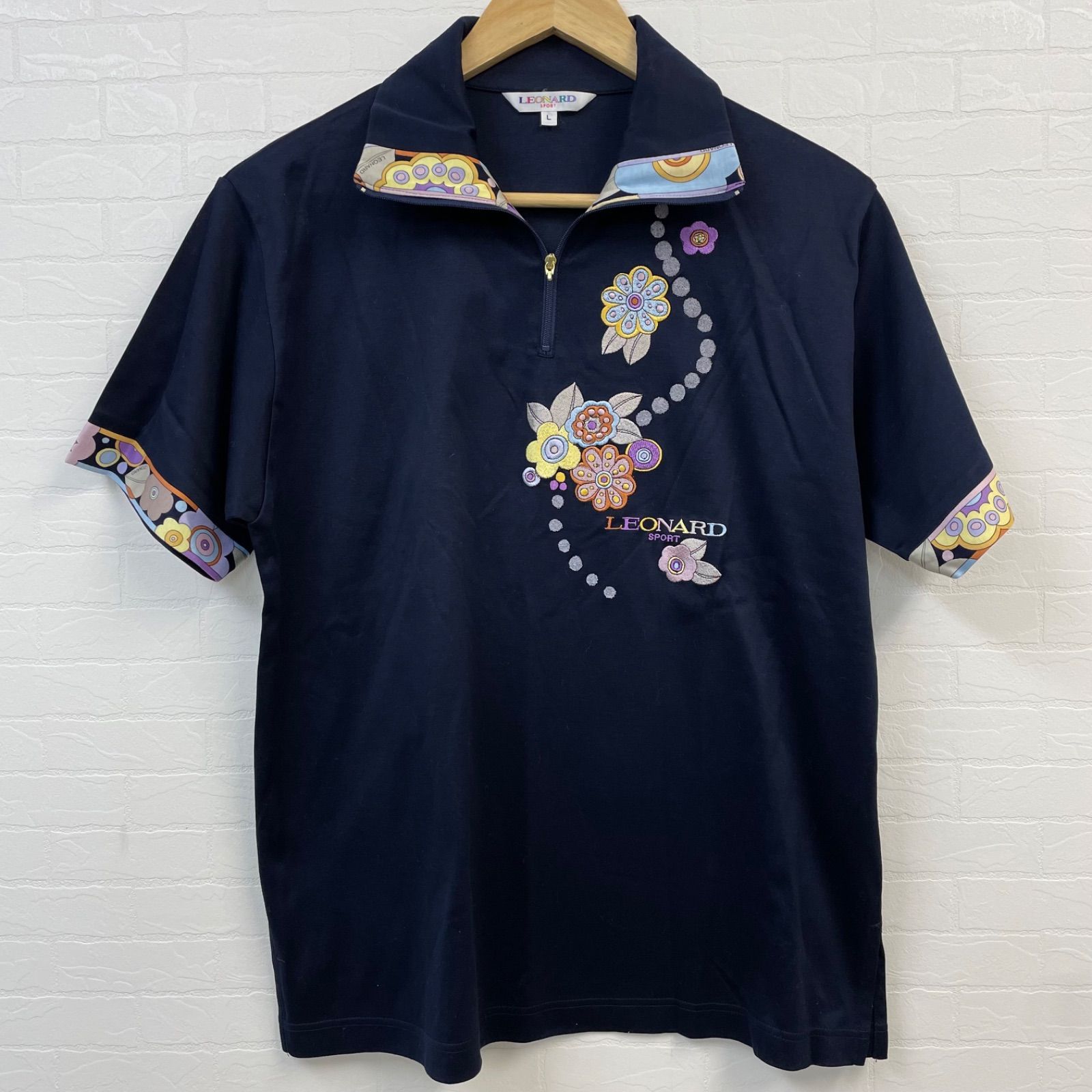 LEONARD  SPORT   美品✨半袖  ポロシャツ  38 LEONARD SPORT レオナール ストレッチ 吸水速乾 ドライ 総柄