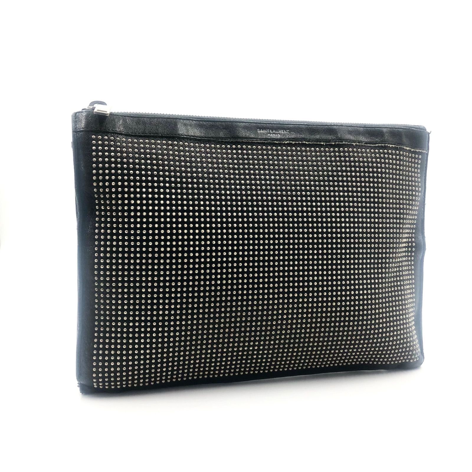 稀少デザイン SAINT LAUREN PARIS サンローランパリ マイクロスタッズ クラッチバック レザー 本革 ブラック シルバー金具 イタリア製 刻印あり GRZ397295 0218