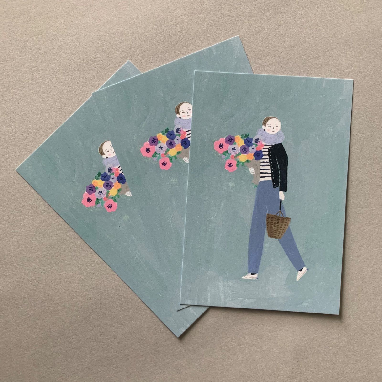 「Bouquet」ポストカード　３枚セット　パリ　シネマ　散歩　花束　アネモネ　パリジェンヌ　ボーダー　女の子-0