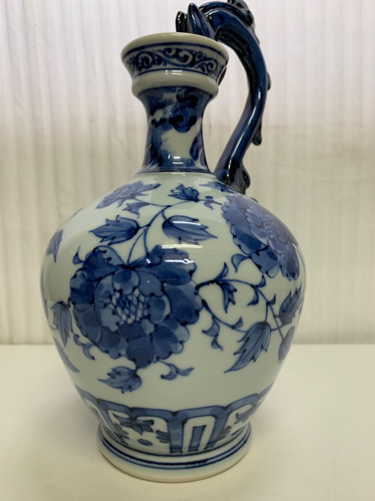 旭窯 龍取手花瓶 牡丹 染付 壺 花入 古染花文様花瓶 瀬戸焼