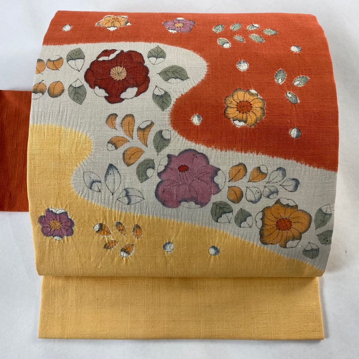 名古屋帯 秀品 紬地 辻が花柄 霞 オレンジ 正絹