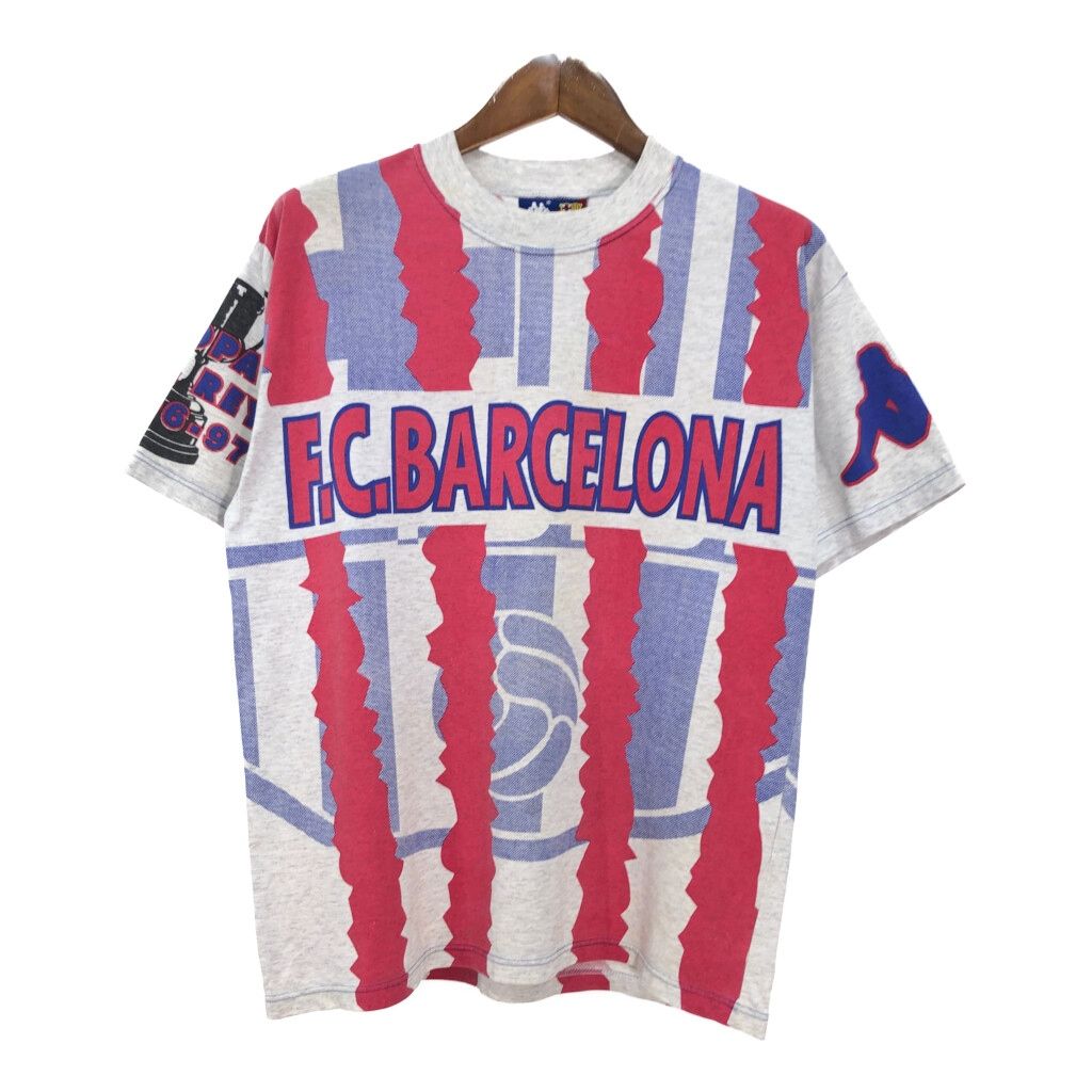 イタリア製 Kappa カッパ FCバルセロナ オールオーバープリント Ｔシャツ プロチーム サッカー グレー メンズ M 古着 U1723