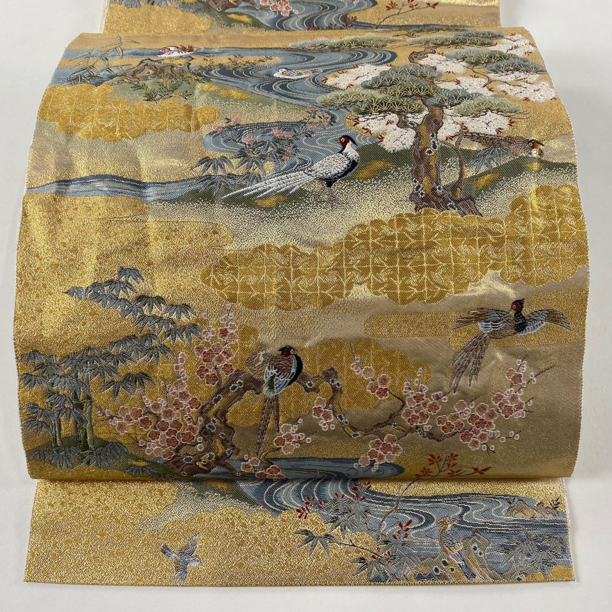 袋帯 松竹梅 鳥 金糸 箔 金色 六通 正絹