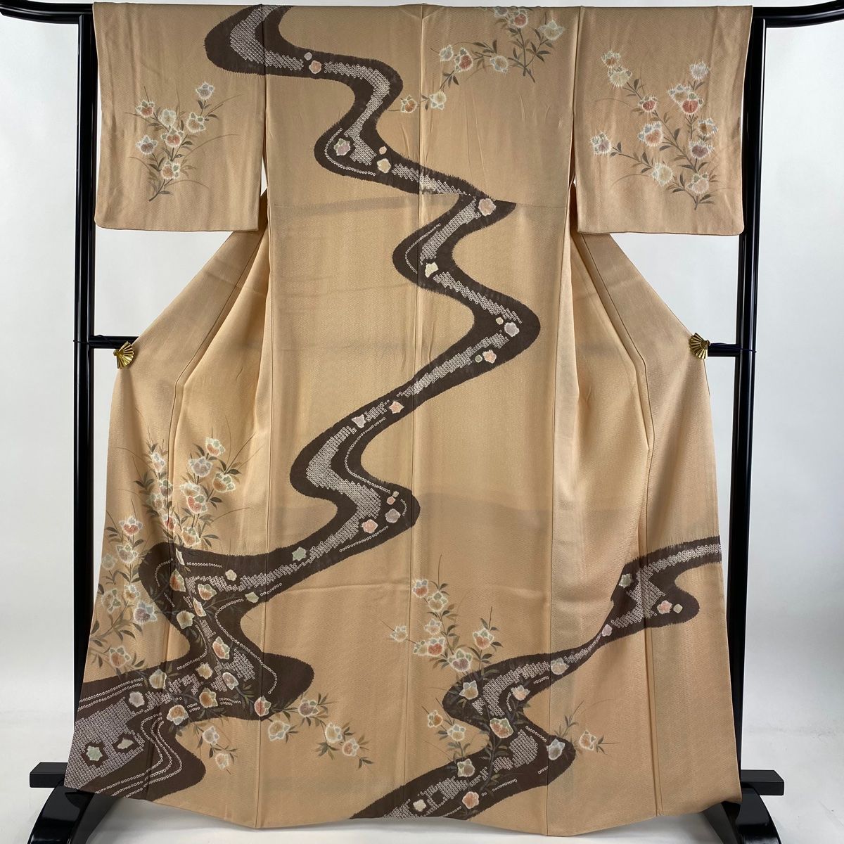 訪問着 身丈163.5cm 裄丈64cm M 袷 枝花 流水 絞り 金銀彩 薄オレンジ 正絹 秀品