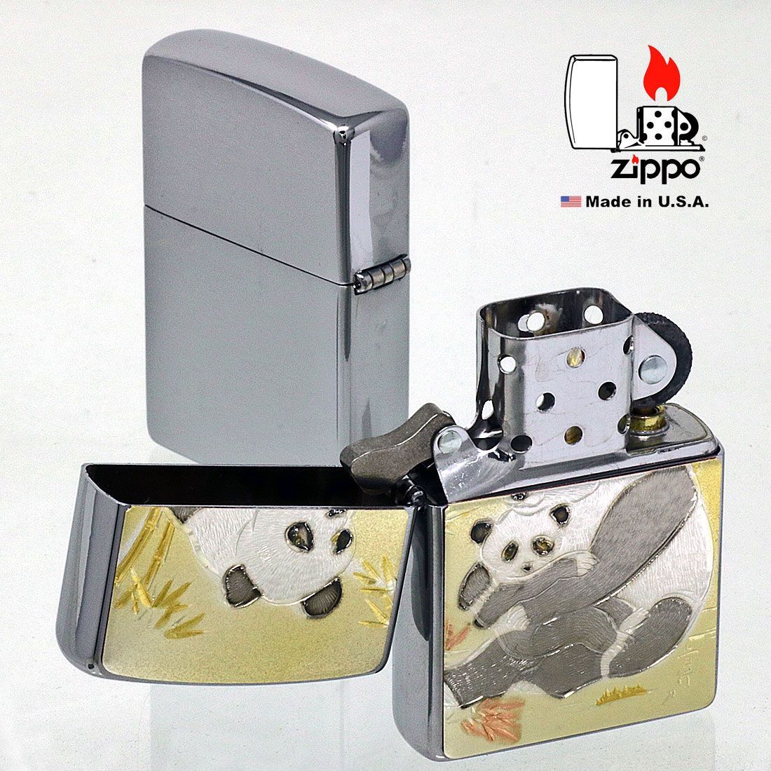 zippo(ジッポーライター)電鋳板 親子パンダ 和柄 オイルライター 熊猫 デンチュウバン おしゃれ かわいい ギフト