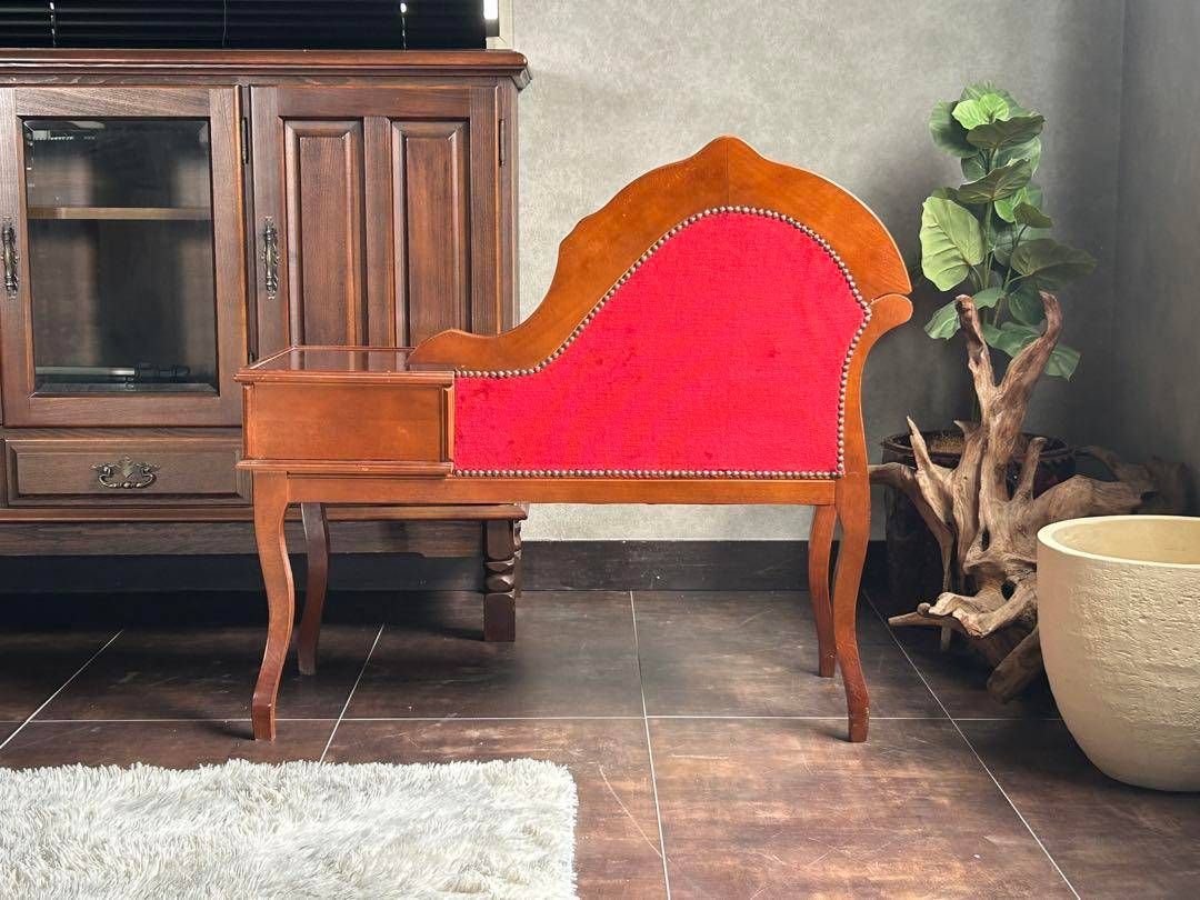 アンティーク　ビンテージ　クラシック　木彫　猫脚　レッド　テレフォンベンチ　GG アンティーク ビンテージ クラシック 木彫 猫脚 レッド テレフォン