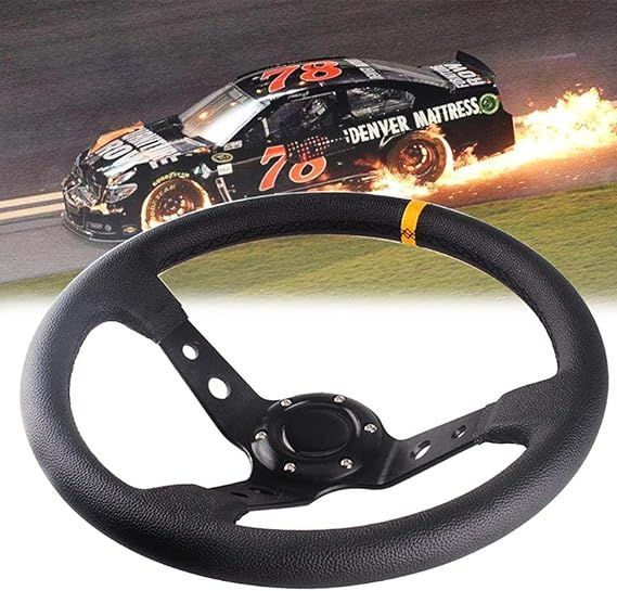 【在庫処分】TEMSONE ディープコーンステアリング ハンドル 35φ 直径350mm ブラックスポーク スポーツタイプ ライチ柄 軽量アルミニウム ステアリングホイール PVC防錆 車用 ホーンボタン付き 
