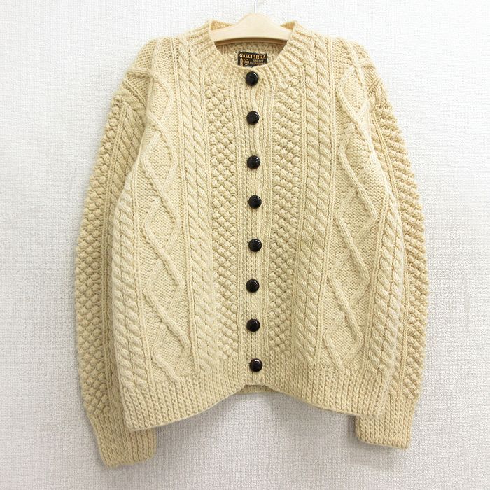 古着 長袖 アラン フィッシャーマン ケーブル ニット カーディガン キッズ ガールズ 子供服 80s 手編み ハンドニット ウール 生成り spe 23