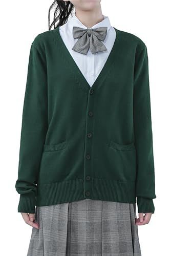 ダークグリーン_2XS [Sharphon] スクール 制服 カーディガン 綿100 Vネック ポケット 長袖 ニット 女子 セーター かわいい レディース カジュアル