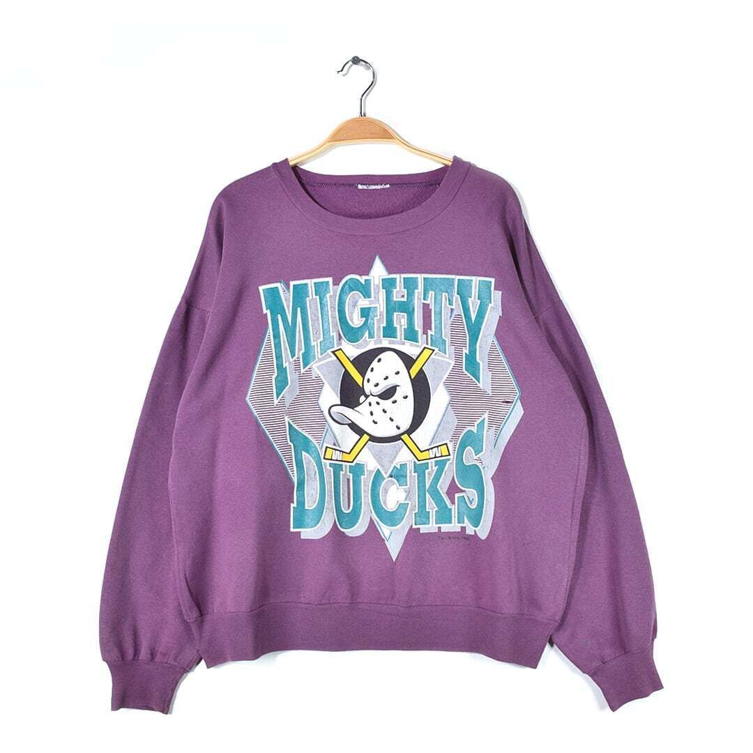 90s NHL 飛べないアヒル マイティーダックス ヴィンテージスウェット パープル 紫 ホッケー MIGHTY DUCKS ディズニー メンズL相当 古着 アメカジ @CF0867