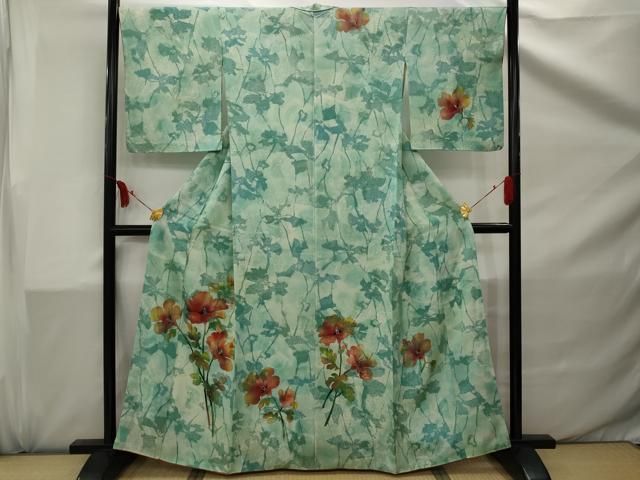 平和屋着物■上質な小紋　型染　流水花唐草文　正絹　逸品　未使用　AAAM0497Ack 平和屋着物○上質な小紋 型染め 流水草花文 正絹 逸品 未使用