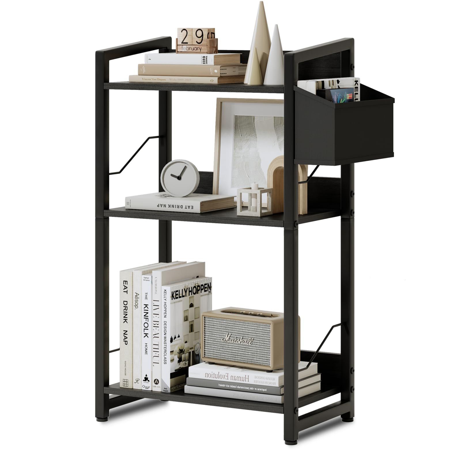 【人気商品】隙間収納 スリム 木製棚板 スチール 収納ラック 幅42×奥行24×高さ71cm 組立簡単 小型収納棚 ビンテージ おしゃれ オープンシェルフ リビングルーム/ベッドルーム/教室 (ブラック 
